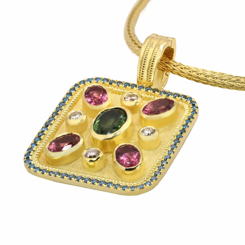 Georgios Collections 18 Karat Yellow Gold Tourmaline and Blue Diamond Pendant