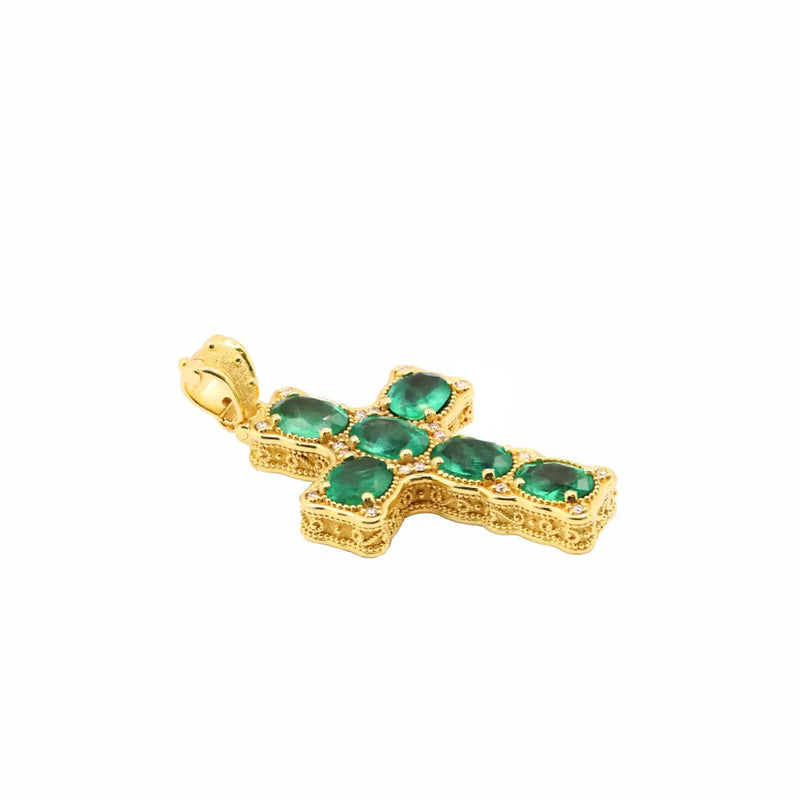 Georgios Collections 18 Karat Yellow Gold Emerald Cross Necklace with Chain