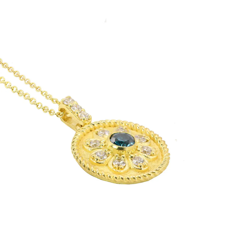 Georgios Collections 18 Karat Yellow Gold Flower Blue and White Diamond Pendant