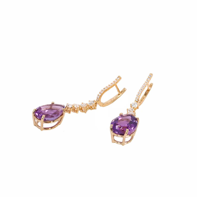 Georgios Collections 18 Karat Rose Gold Long Pear Amethyst Earrings with Diamond