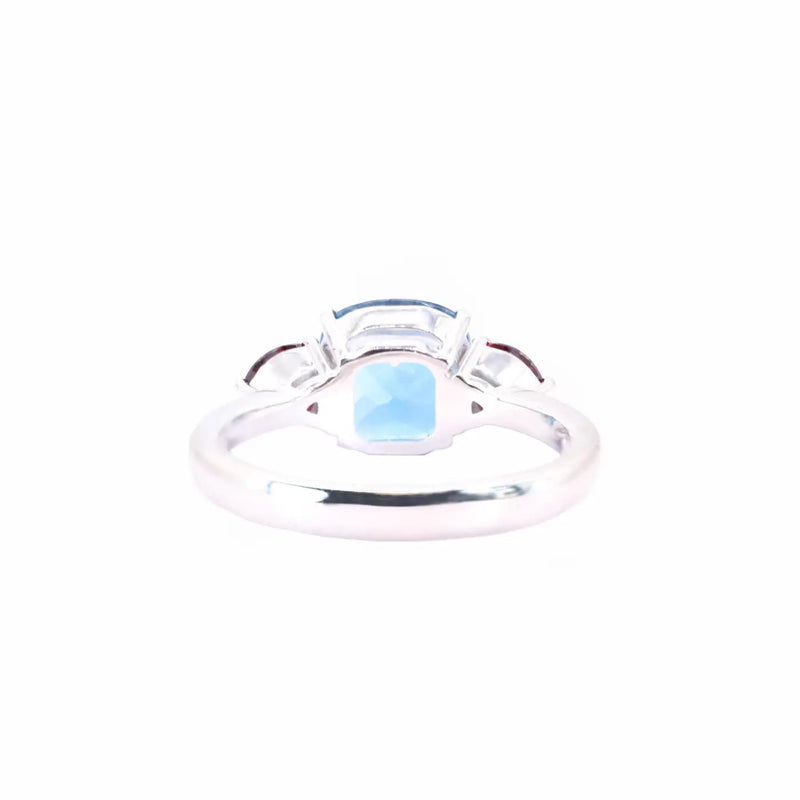 Georgios Collections 18 Karat White Blue Topaz Cushion Ring with Rubies