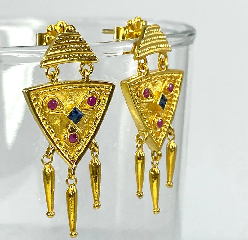 Georgios Collections 18 Karat Yellow Gold Sapphire and Ruby Drop Earrings