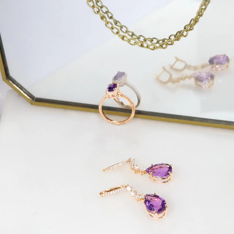 Georgios Collections 18 Karat Rose Gold Long Pear Amethyst Earrings with Diamond