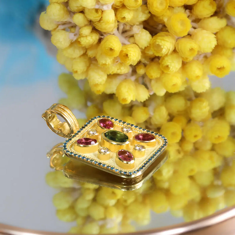 Georgios Collections 18 Karat Yellow Gold Tourmaline and Blue Diamond Pendant