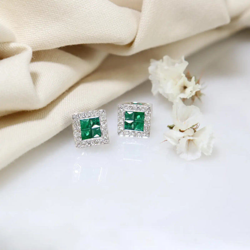 Georgios Collections 18 Karat White Gold Square Emerald Earrings with Diamonds