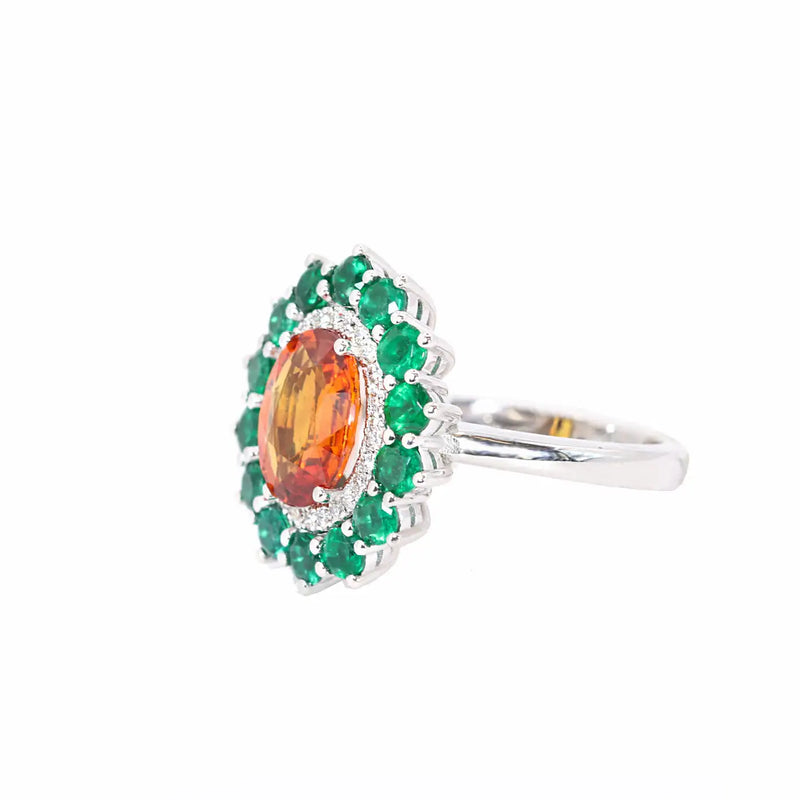 Georgios Collections 18 Karat White Gold Orange Sapphire and Emeralds Ring