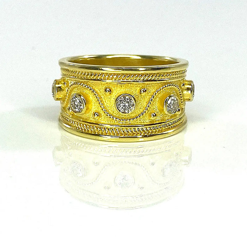 Georgios Collections 18 Karat Yellow Gold 5 Diamond Byzantine Ring Granulation