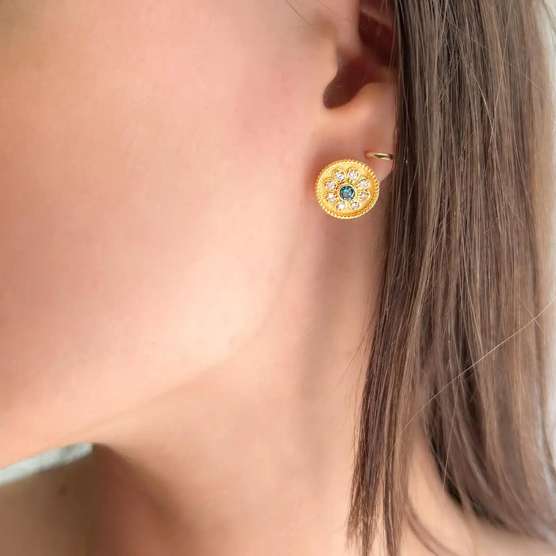 Georgios Collections 18 Karat Yellow Gold Flower Blue and White Diamond Earrings