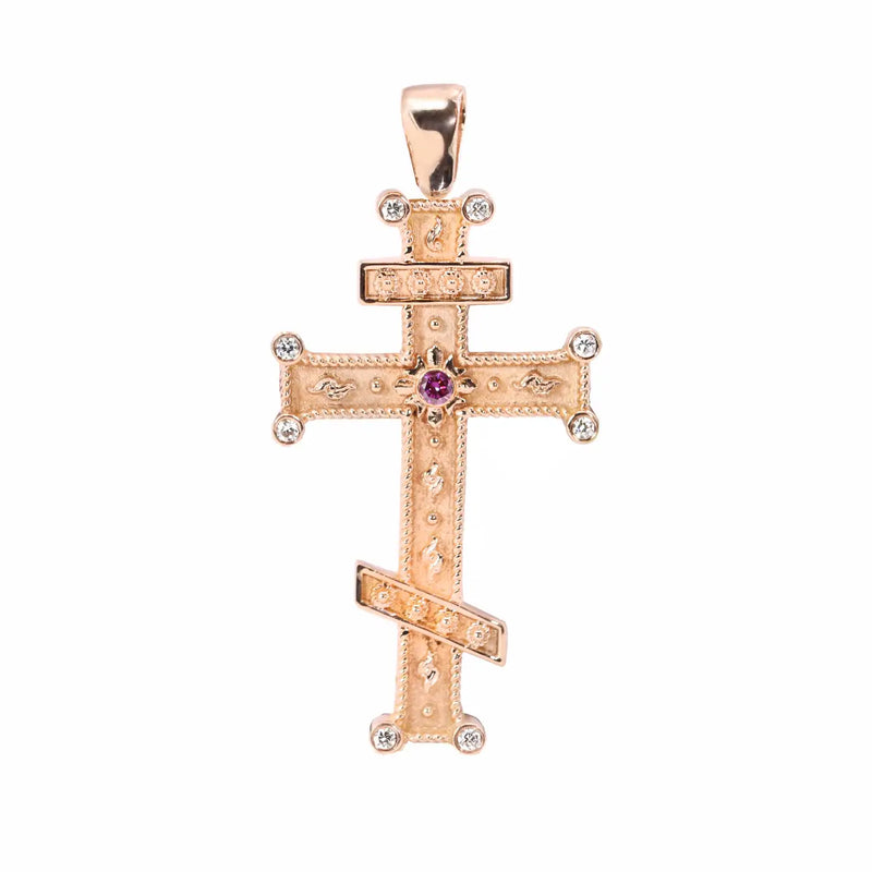 Georgios Collection 18 Karat Rose Gold Purple and White Diamond Cross with Chain