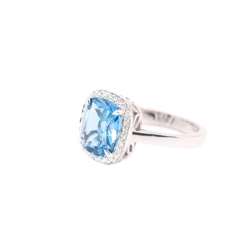 Georgios Collections 18 Karat White Gold Blue Topaz Ring with Diamond Bezel