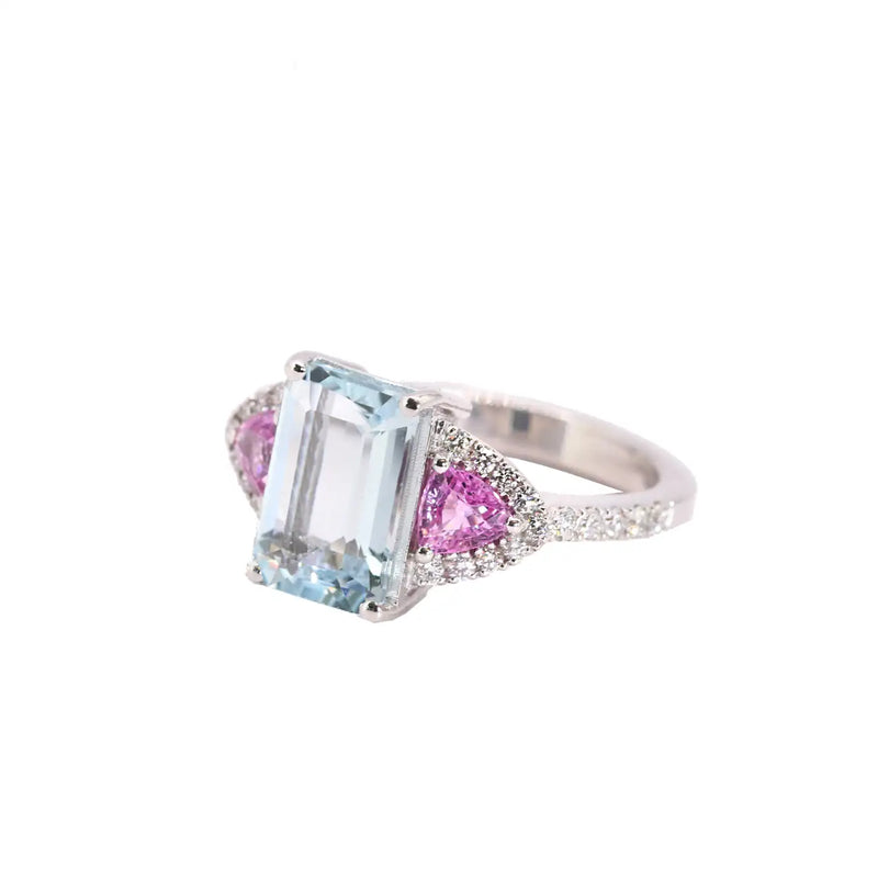 Georgios Collections 18K White Gold Aquamarine, Diamonds and Pink Sapphires Ring