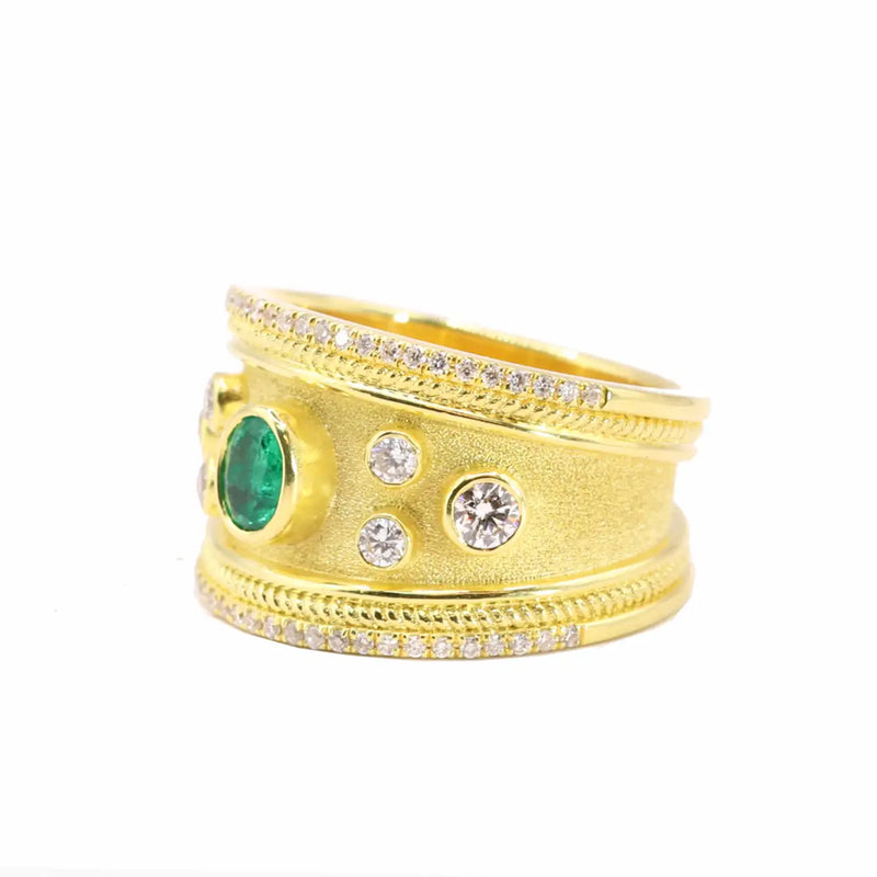 Georgios Collections 18 Karat Yellow Gold Byzantine Emerald and Diamond Ring