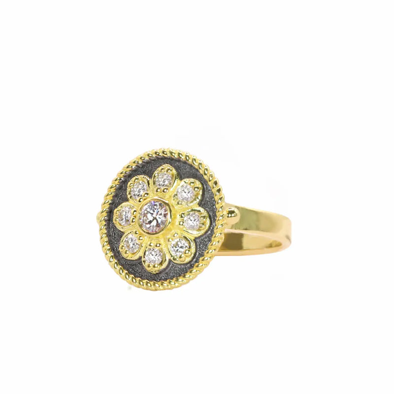 Georgios Collections 18 Karat Yellow Gold Flower Diamond Ring with Black Rhodium