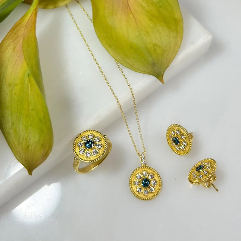 Georgios Collections 18 Karat Yellow Gold Flower Blue and White Diamond Pendant