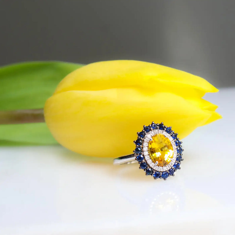 Georgios Collections 18 Karat White Gold Oval Yellow Sapphire Ring with Diamonds
