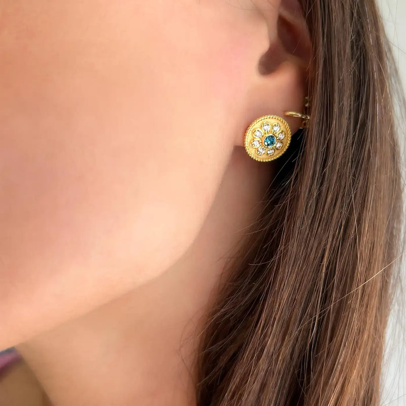 Georgios Collections 18 Karat Yellow Gold Flower Blue and White Diamond Earrings