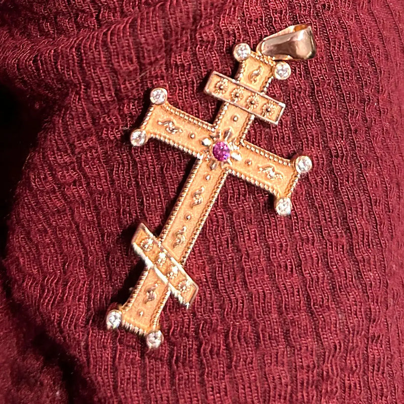 Georgios Collection 18 Karat Rose Gold Purple and White Diamond Cross with Chain