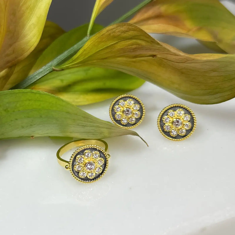 Georgios Collections 18 Karat Yellow Gold Flower Diamond Ring with Black Rhodium