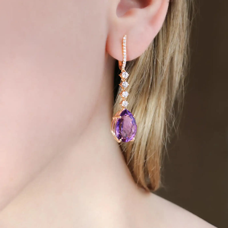 Georgios Collections 18 Karat Rose Gold Long Pear Amethyst Earrings with Diamond