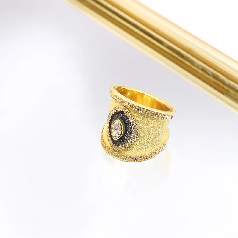 Georgios Collections 18 Karat Yellow Gold Navette Diamond Ring and Black Rhodium