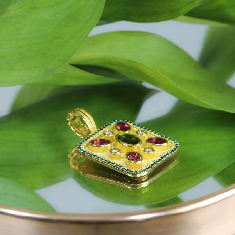 Georgios Collections 18 Karat Yellow Gold Tourmaline and Blue Diamond Pendant