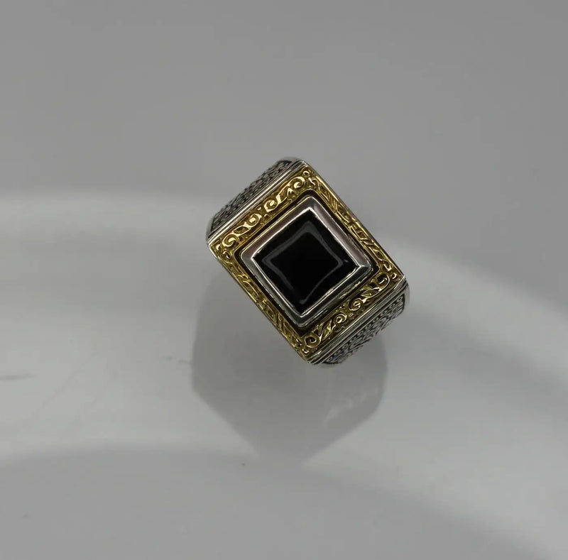 Georgios Collections 18 Karat Gold and Silver Mens Two-Tone Ring with Onyx