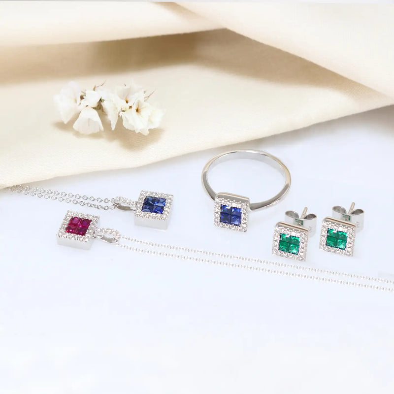 Georgios Collections 18 Karat White Gold Square Emerald Earrings with Diamonds