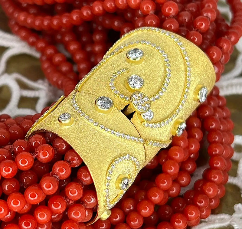 Mediterranean Coral Bead Necklace With 18 Karat Gold and Diamond Clasp