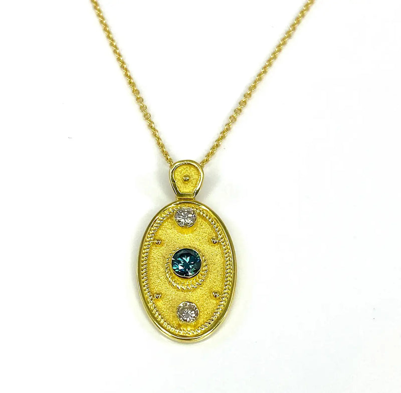 Georgios Collections 18 Karat Yellow Gold White and Blue Diamond Oval Pendant