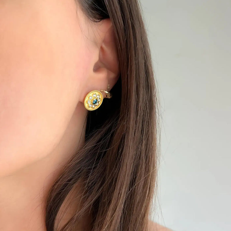 Georgios Collections 18 Karat Yellow Gold Flower Blue and White Diamond Earrings