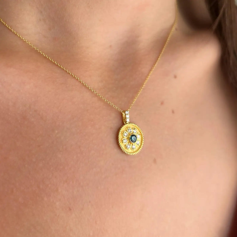 Georgios Collections 18 Karat Yellow Gold Flower Blue and White Diamond Pendant
