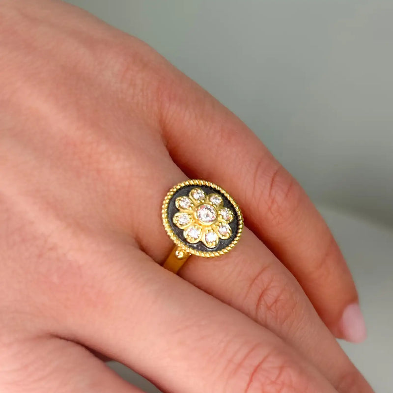 Georgios Collections 18 Karat Yellow Gold Flower Diamond Ring with Black Rhodium