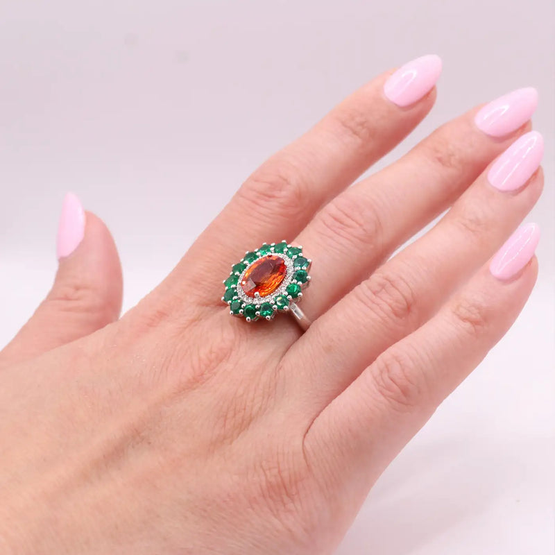 Georgios Collections 18 Karat White Gold Orange Sapphire and Emeralds Ring