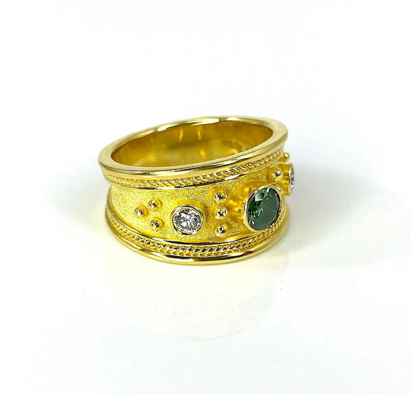 Georgios Collections 18 Karat Gold Green and White Diamond Granulation Ring