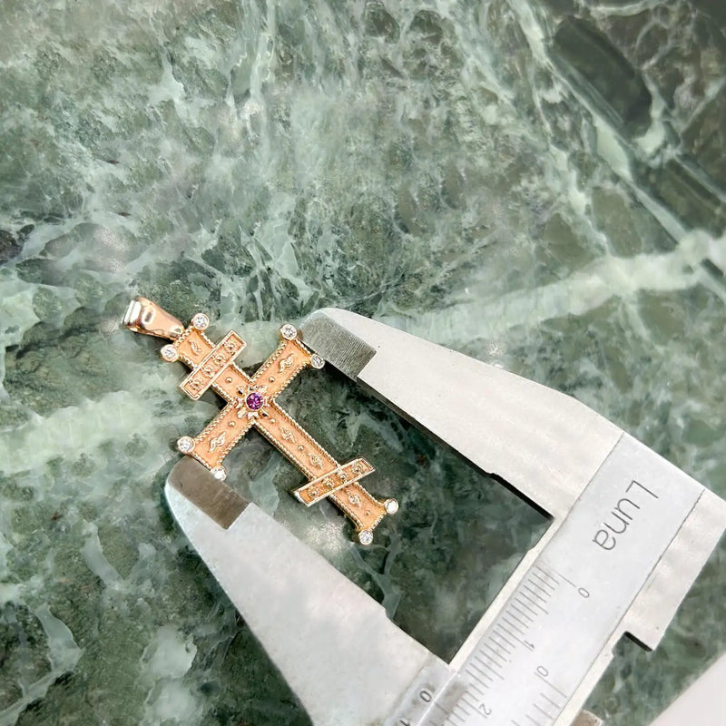 Georgios Collection 18 Karat Rose Gold Purple and White Diamond Cross with Chain