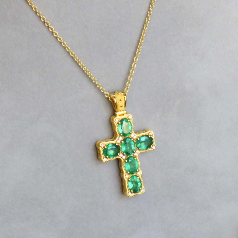 Georgios Collections 18 Karat Yellow Gold Emerald Cross Necklace with Chain