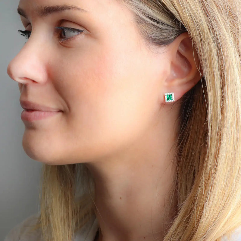 Georgios Collections 18 Karat White Gold Square Emerald Earrings with Diamonds