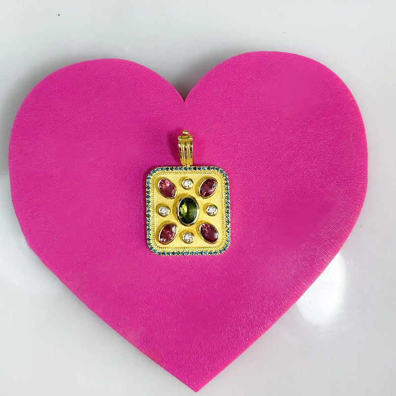 Georgios Collections 18 Karat Yellow Gold Tourmaline and Blue Diamond Pendant