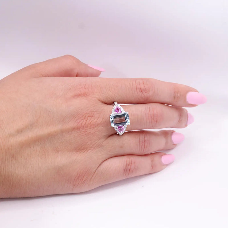 Georgios Collections 18K White Gold Aquamarine, Diamonds and Pink Sapphires Ring