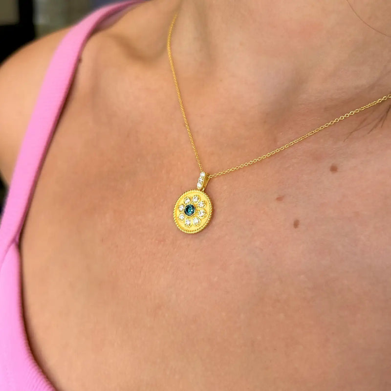 Georgios Collections 18 Karat Yellow Gold Flower Blue and White Diamond Pendant