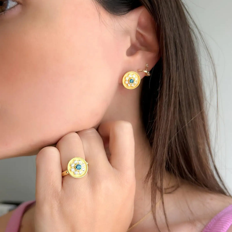 Georgios Collections 18 Karat Yellow Gold Flower Blue and White Diamond Earrings