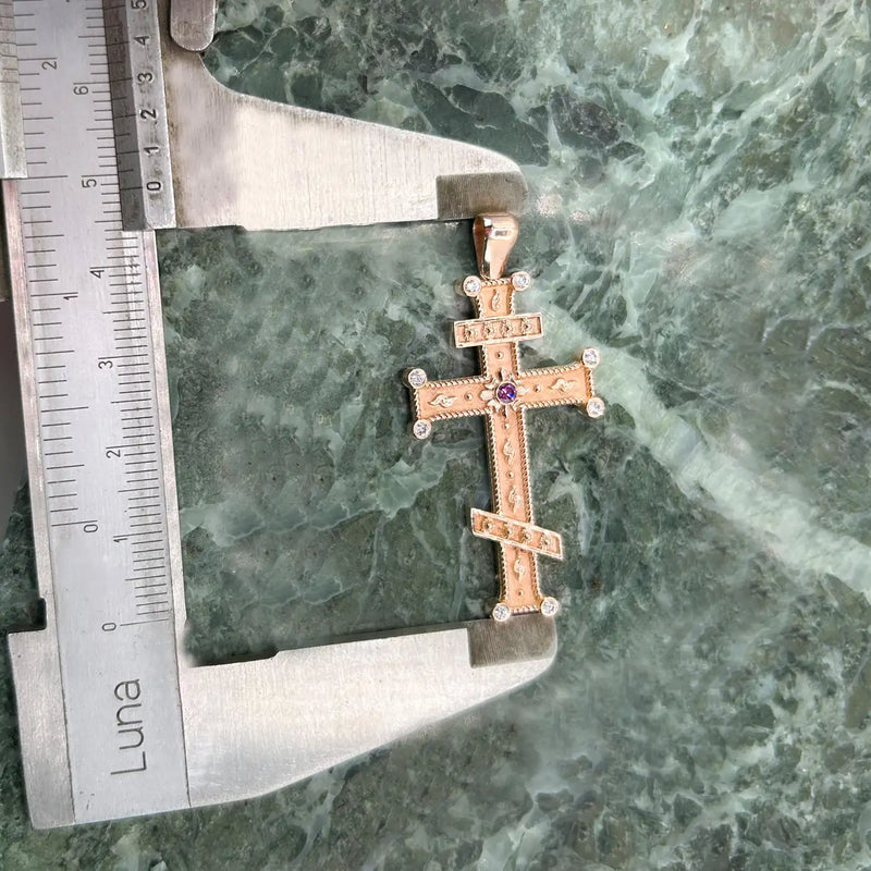 Georgios Collection 18 Karat Rose Gold Purple and White Diamond Cross with Chain