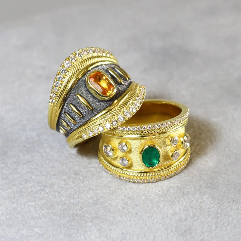 Georgios Collections 18 Karat Yellow Gold Byzantine Emerald and Diamond Ring