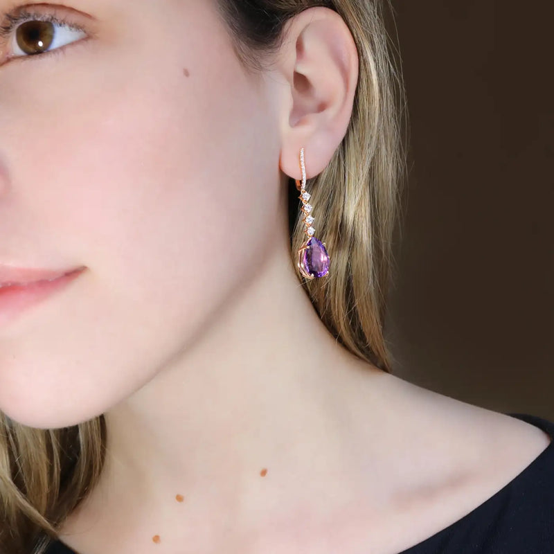 Georgios Collections 18 Karat Rose Gold Long Pear Amethyst Earrings with Diamond