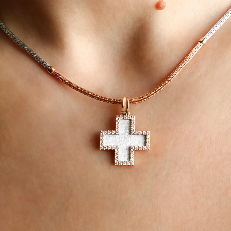 Georgios Collection 18 Karat Rose Gold Diamond Granulated Cross with Chain