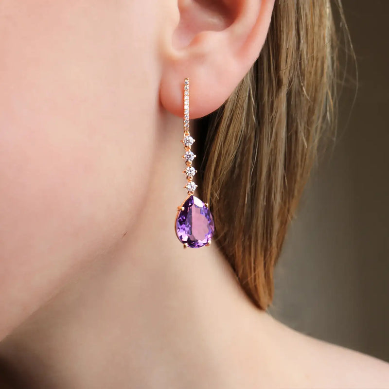 Georgios Collections 18 Karat Rose Gold Long Pear Amethyst Earrings with Diamond