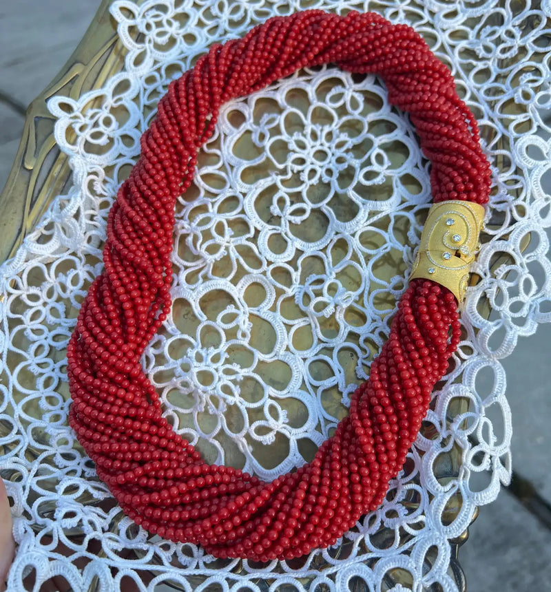 Mediterranean Coral Bead Necklace With 18 Karat Gold and Diamond Clasp