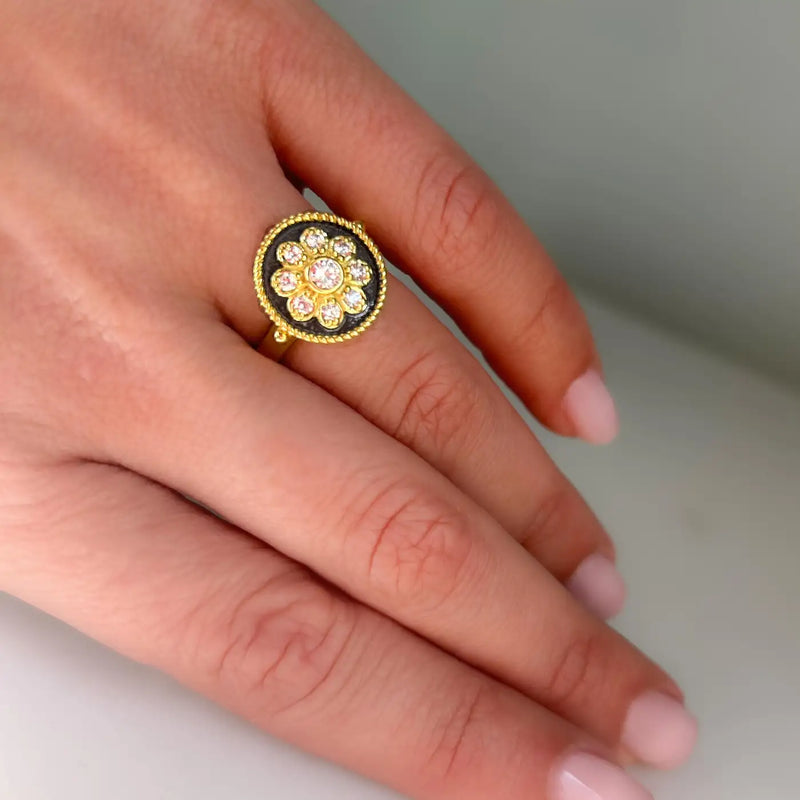 Georgios Collections 18 Karat Yellow Gold Flower Diamond Ring with Black Rhodium