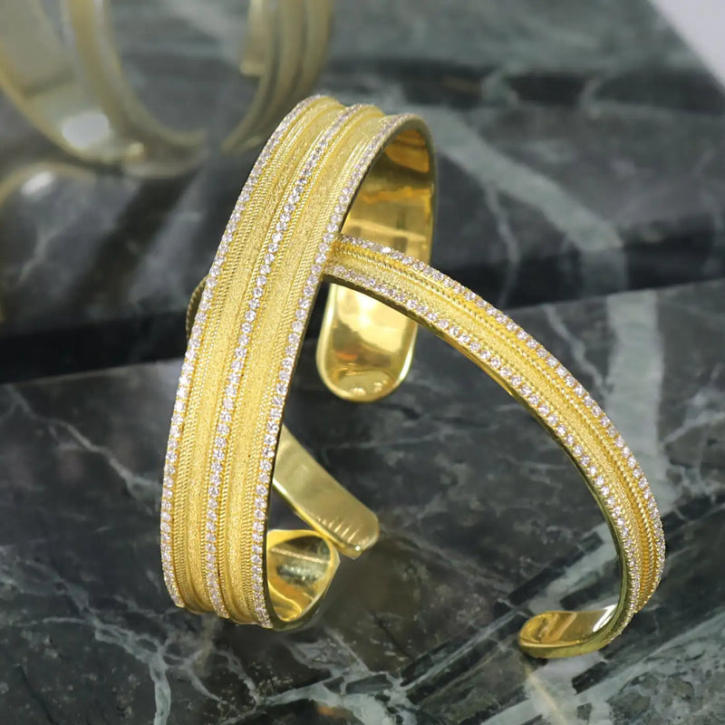 Georgios Collections 18 Karat Yellow Gold Diamond Byzantine Wide Bangle Bracelet