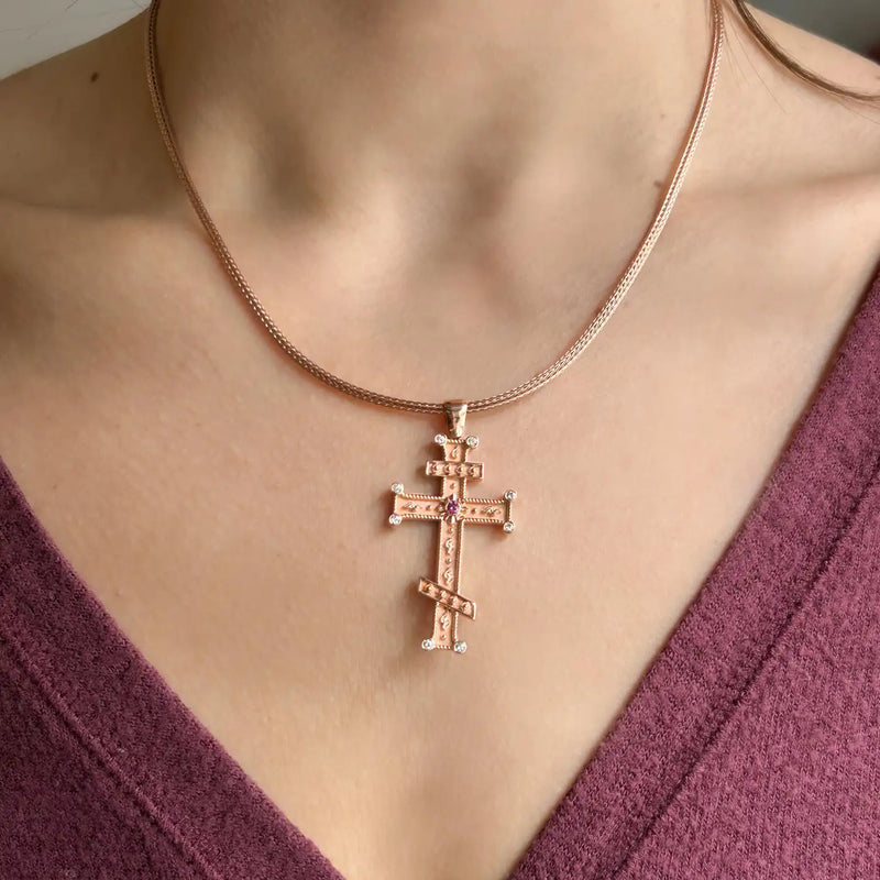 Georgios Collection 18 Karat Rose Gold Purple and White Diamond Cross with Chain